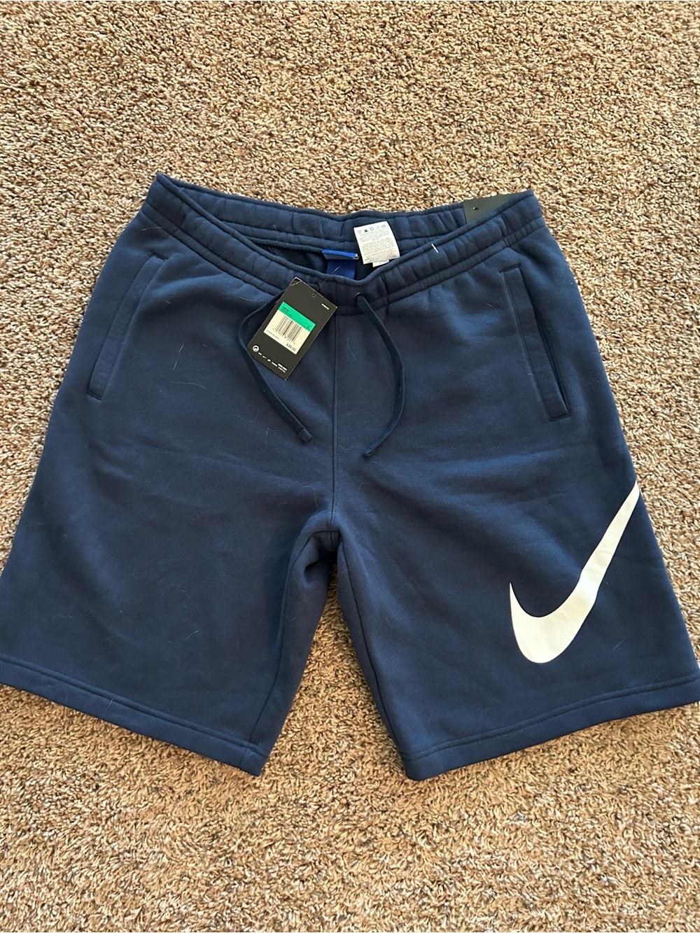 Nike Navy Athletic Shorts with White Swoosh sweatpant material NWT
